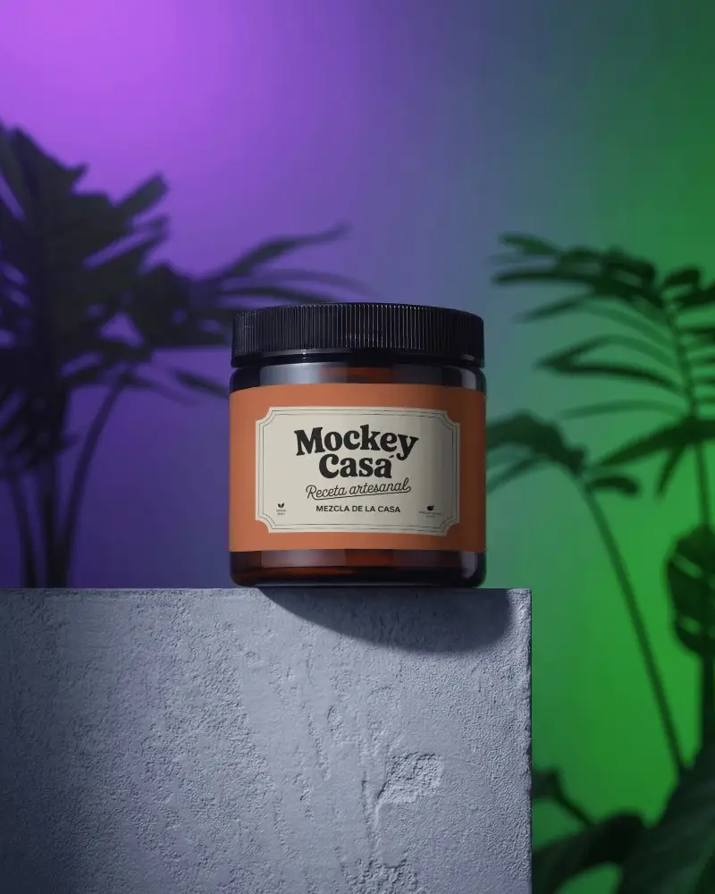 Neon Gradient Studio Supplement Bottle Mockup On Textured Pedestal With Tropical Shadow