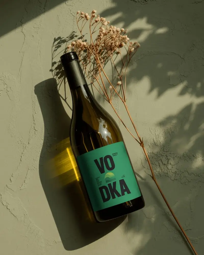Sunlit Wine Bottle Mockup With Dried Floral Shadow On Textured Wall Botanical Accent