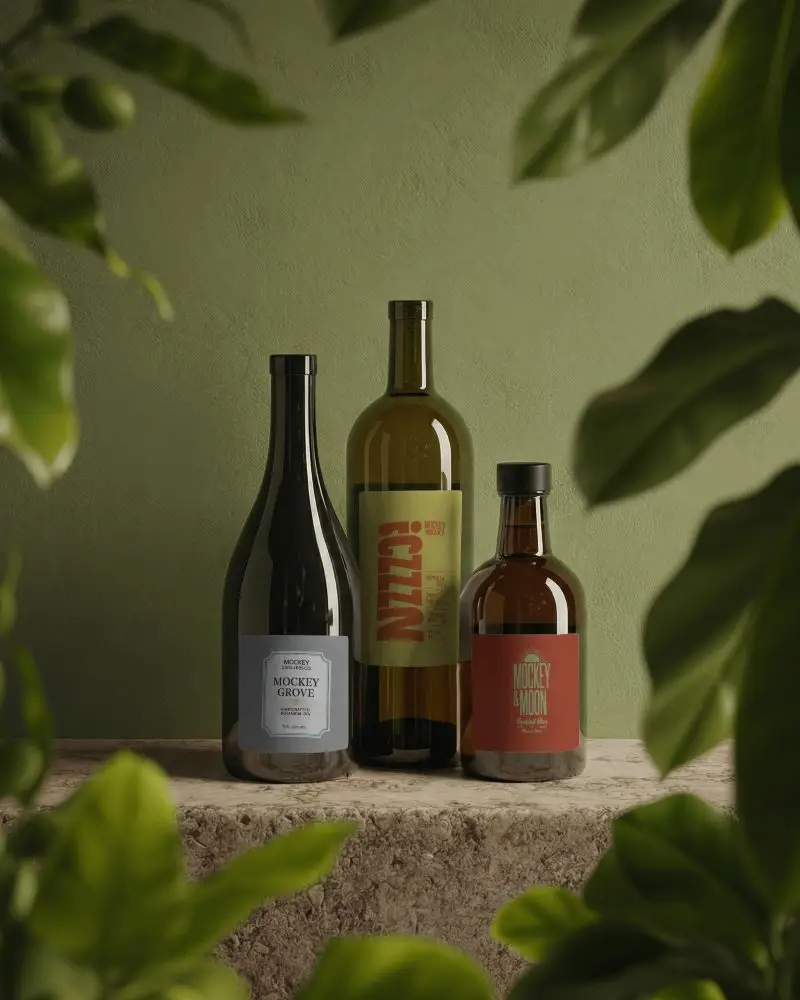 Botanical Lifestyle Wine Bottle Mockup Set With Natural Leaf Framing With Soft Green Backdrop
