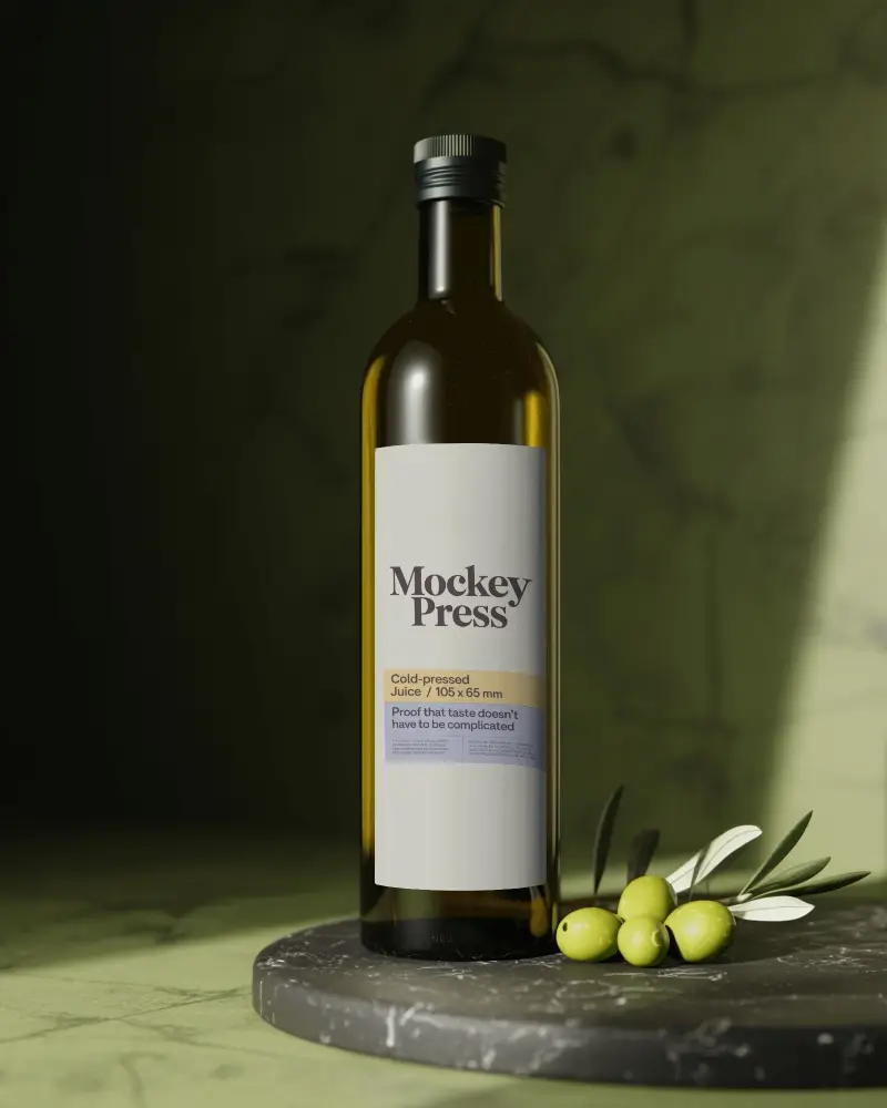 Gourmet Glass Bottle Mockup With Olive Accent And Dramatic Light Moody Green Backdrop