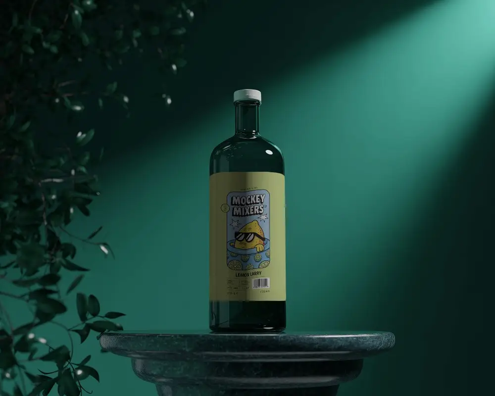 Dramatic Spotlight Glass Bottle Mockup On Stone Pedestal With Deep Green Background