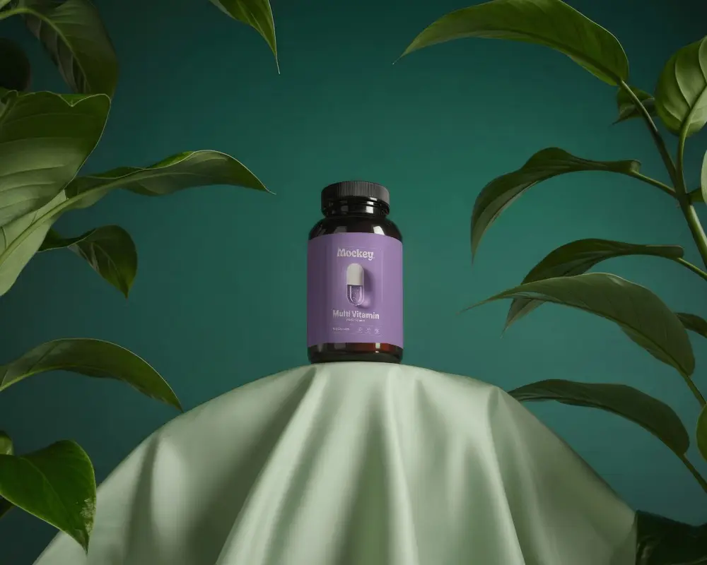 Botanical Supplement Bottle Mockup On Draped Fabric With Rich Green Backdrop