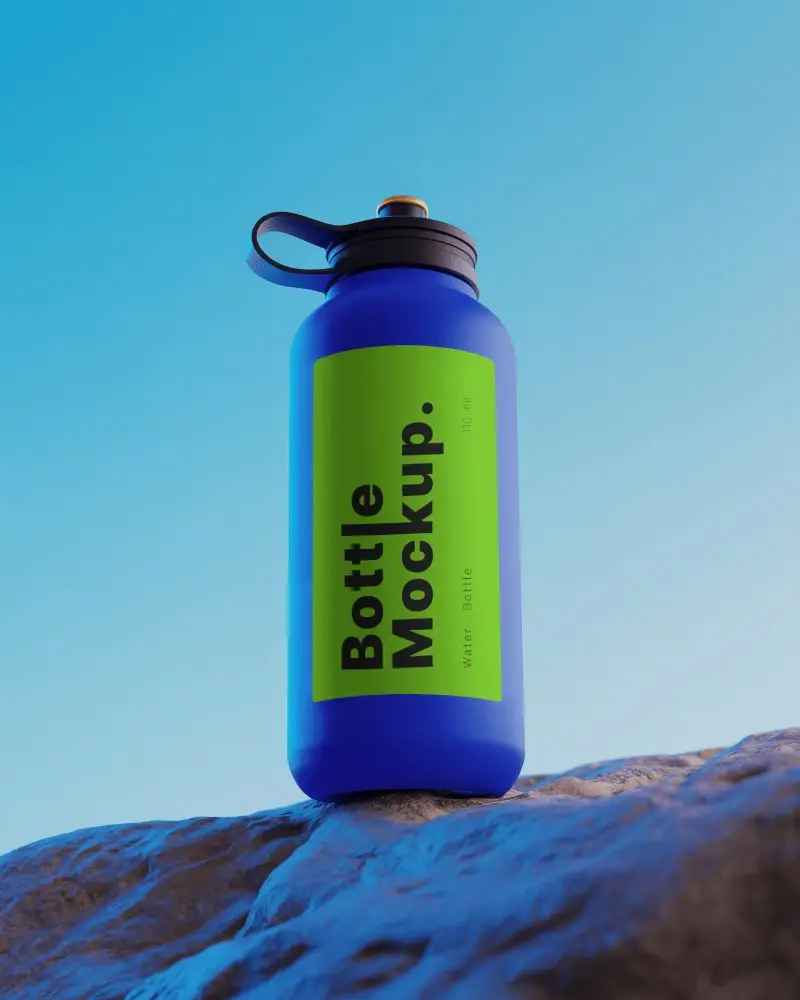 Outdoor Hiking Water Bottle Mockup On Rock Surface With Clear Sky Minimal Mountain Backdrop