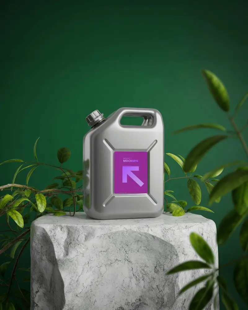 Industrial Jerrycan Plastic Bottle Mockup On Marble Pedestal With Botanical Backdrop