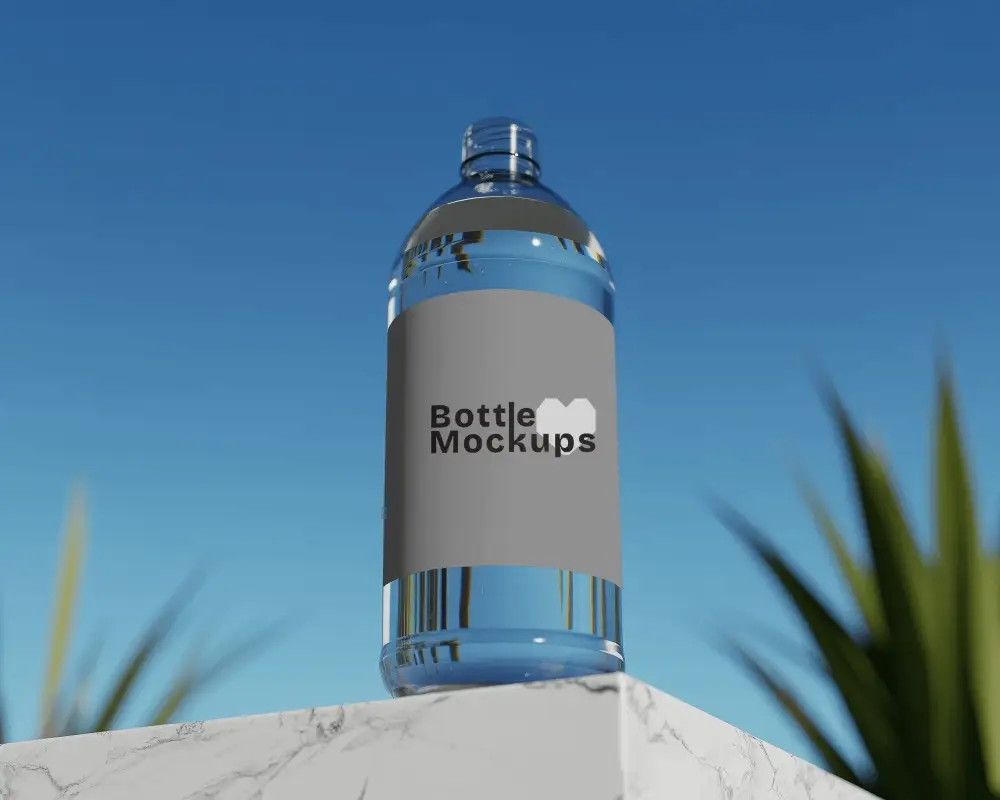 Low Angle Water Bottle Mockup On Marble Block With Clear Sky Natural Light