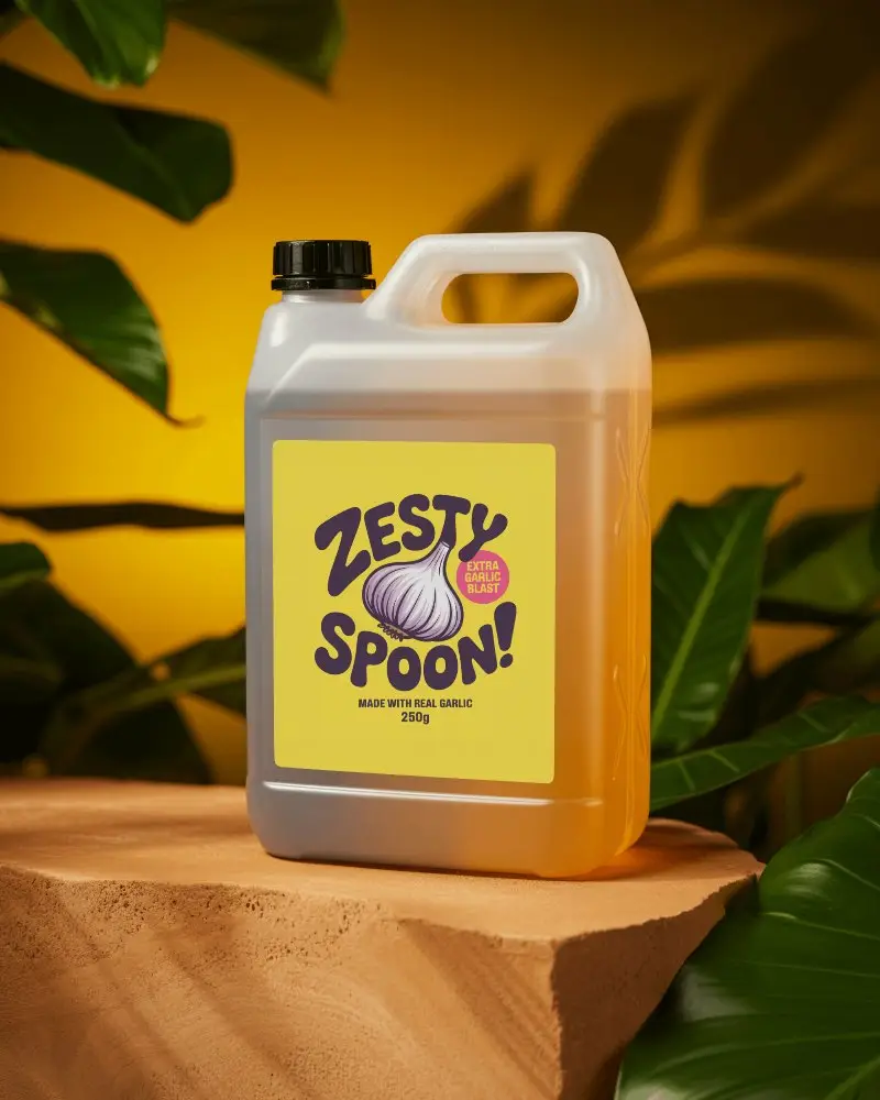 Amber Liquid Jerrycan Plastic Bottle Mockup With Warm Yellow Studio Glow Tropical Leaf Backdrop