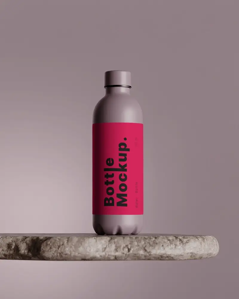 Minimal Matte Water Bottle Mockup On Floating Stone Shelf With Soft Neutral Backdrop