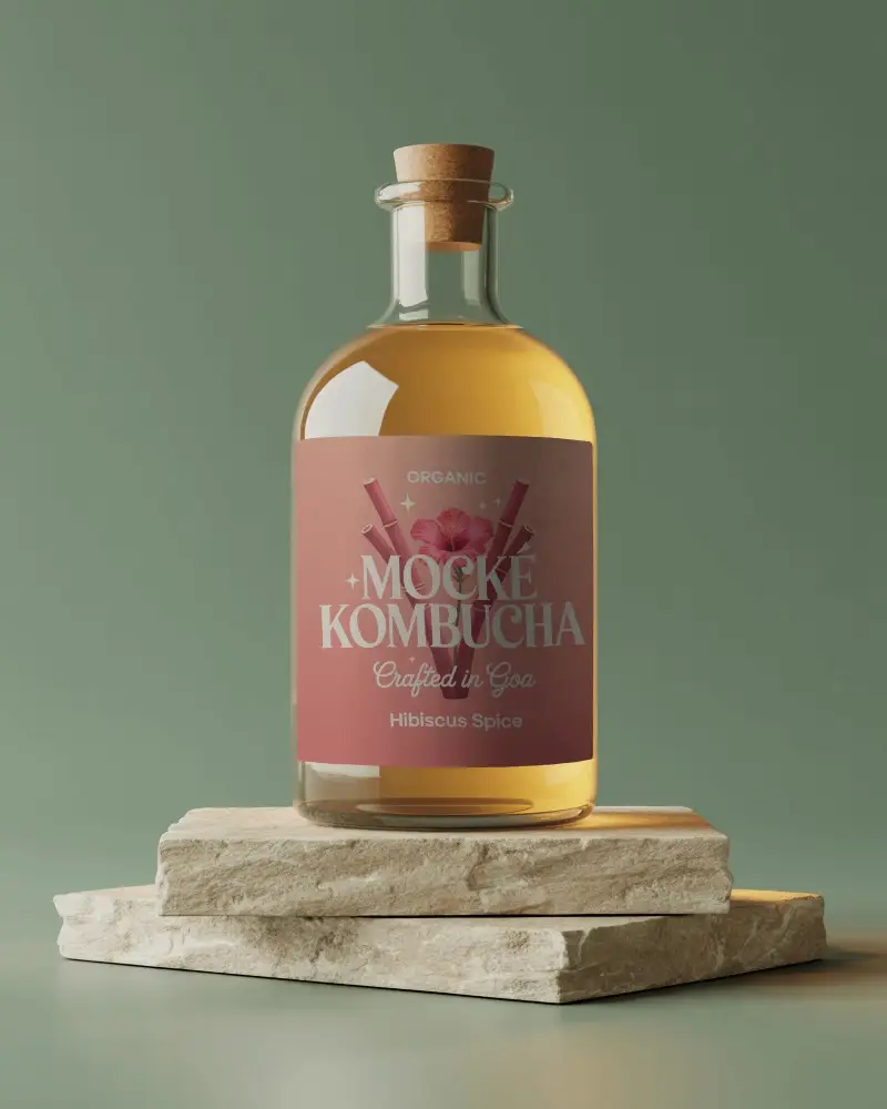 Artisan Glass Spirit Bottle Mockup On Layered Stone Platform Soft Olive Backdrop