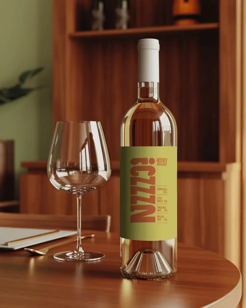 Premium Glass Wine Bottle Mockup With Wooden Cabinet Backdrop Warm Ambient Light