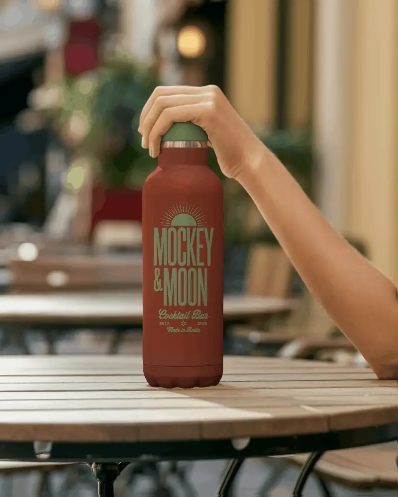 Hand Holding Insulated Water Bottle On Wooden Table In Outdoor Cafe Setting Mockup