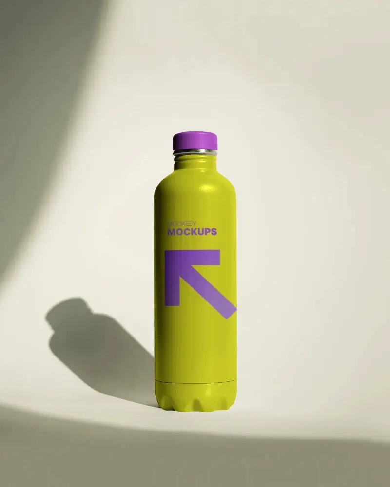Sleek Metallic Water Bottle Mockup With Shiny Surface And Shadow On Minimalist Background