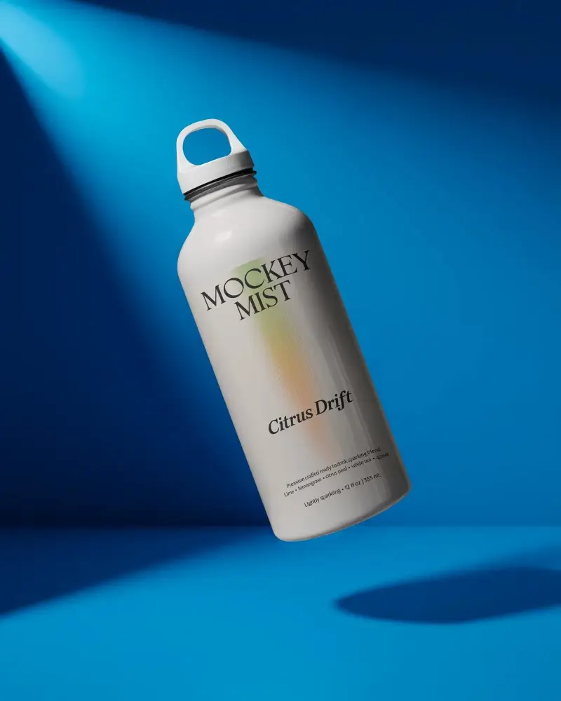 Sleek Modern Water Bottle Mockup Floating On Vibrant Solid Background For Branding