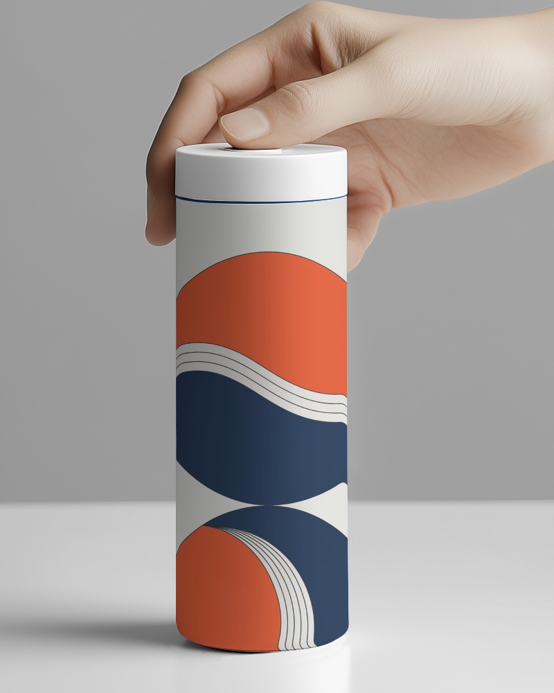 Premium Branding Bottle Mockup Modern Tumbler With Abstract Retro Style Orange And Blue Pattern On Clean Surface