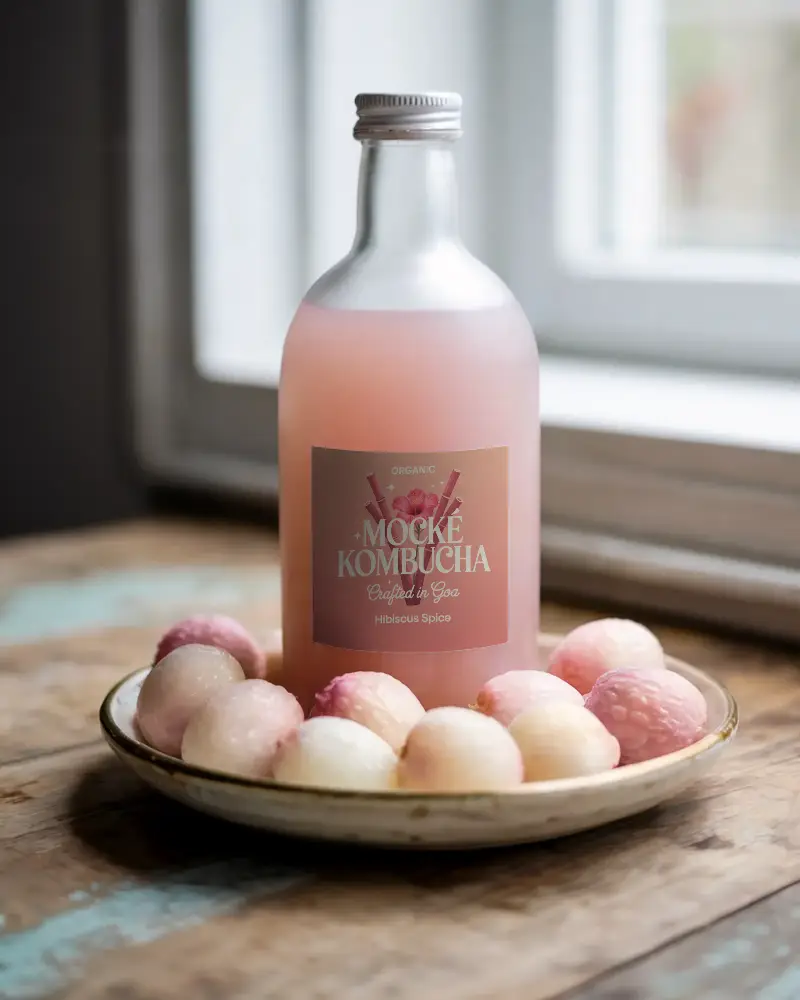 Daylight Window Bottle Mockup With Pink Drink And White Label Surrounded By Fresh Peeled Lychees 0160
