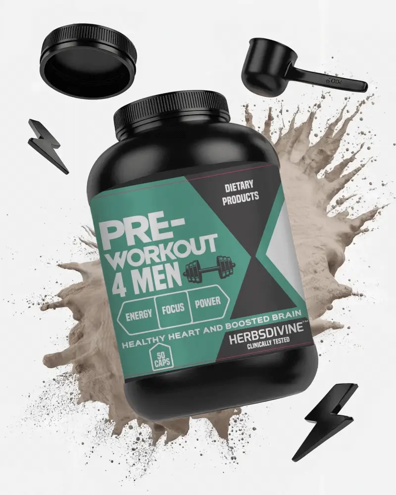 Large Protein Powder Bottle Mockup With Scoop And Energetic Themed Decorative Elements Creative