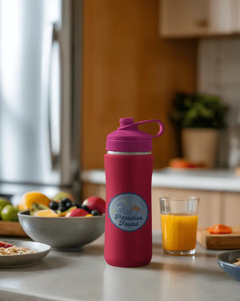 Stylish Bottle Mockup Surrounded By Morning Meal Elements In Contemporary Kitchen Scene Ideal For Nutrition And Health Campaigns