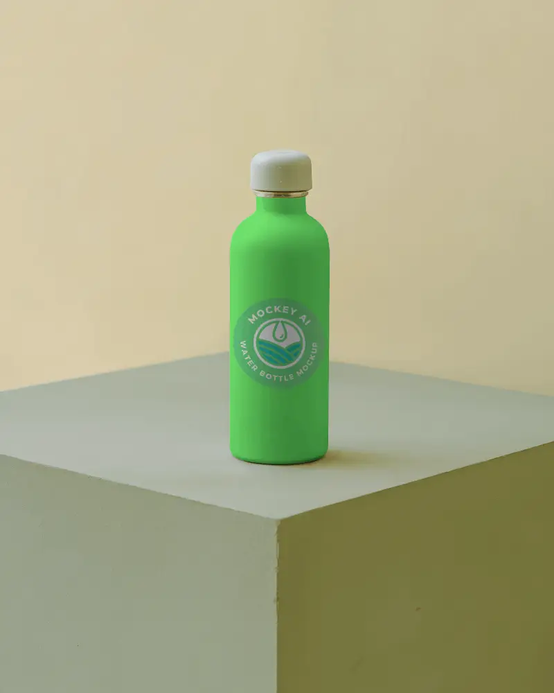 Standing Plastic Bottle Mockup On Pastel Pedestal With Metallic Cap And Minimal Wall Background For Branding Presentation