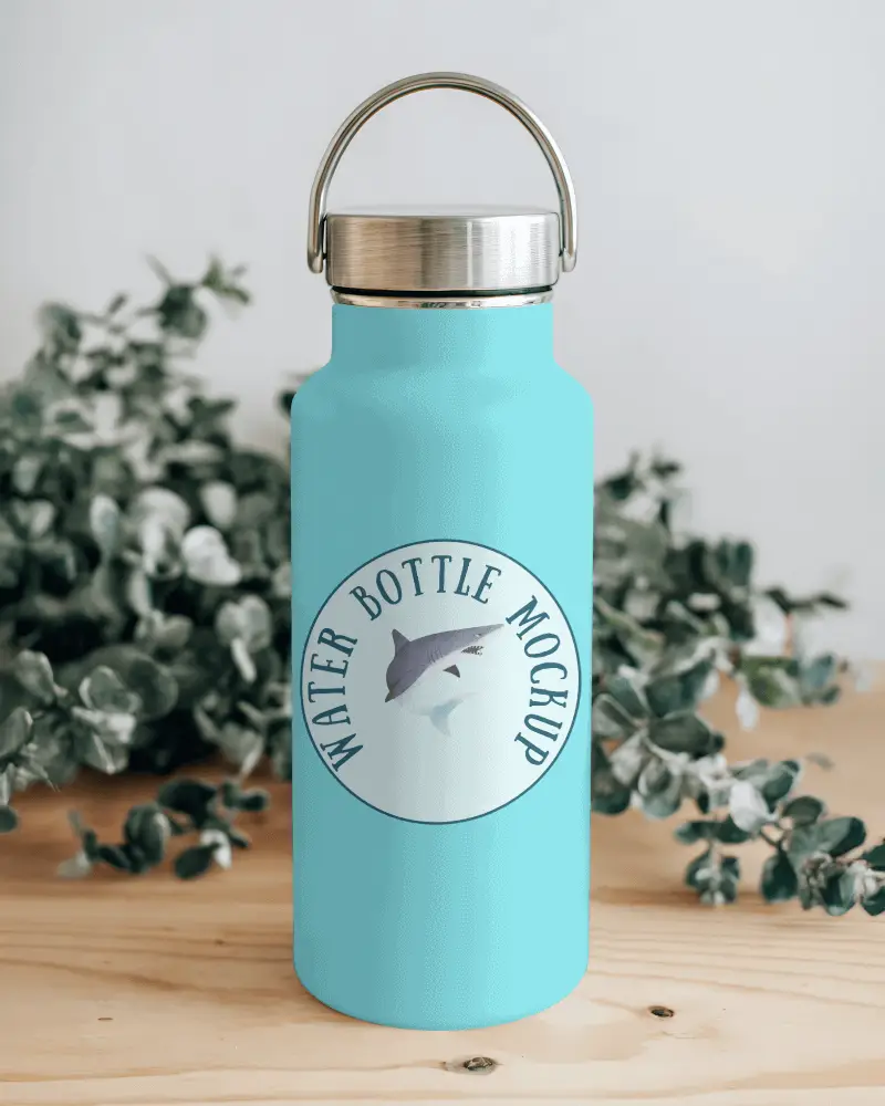 Eco Friendly Plastic Bottle Mockup With Matte Metal Handle Cap Placed On Rustic Table Against Soft Organic Backdrop