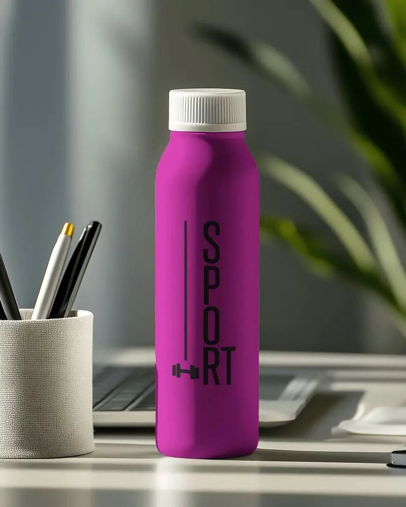 Plastic Bottle Mockup On Modern Work Desk With Cap And Stylish Ideal For Fitness Brand Marketing