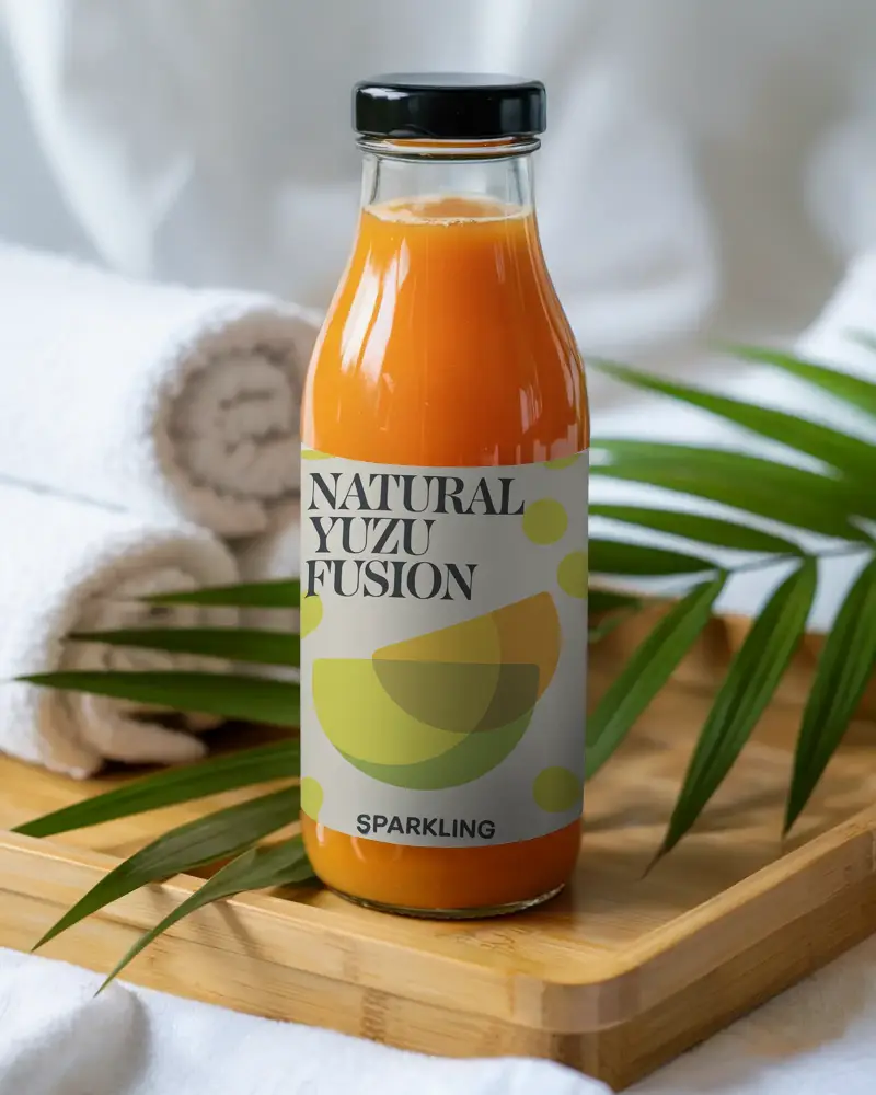 Spa Scene Bottle Mockup Orange Juice In Glass Bottle On Bamboo Tray With Towels And Palm Leaves 0161