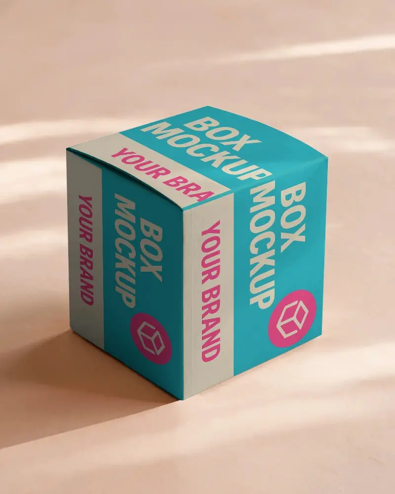 Premium Packaging Box Mockup On Soft Pink Surface With Natural Light And Multiple Logo Placement Views