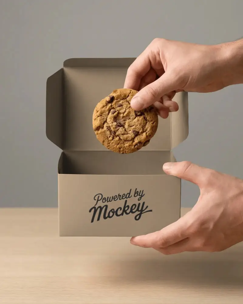 Hands Holding Open Box Mockup With Chocolate Chip Cookie Inside On Wooden Surface