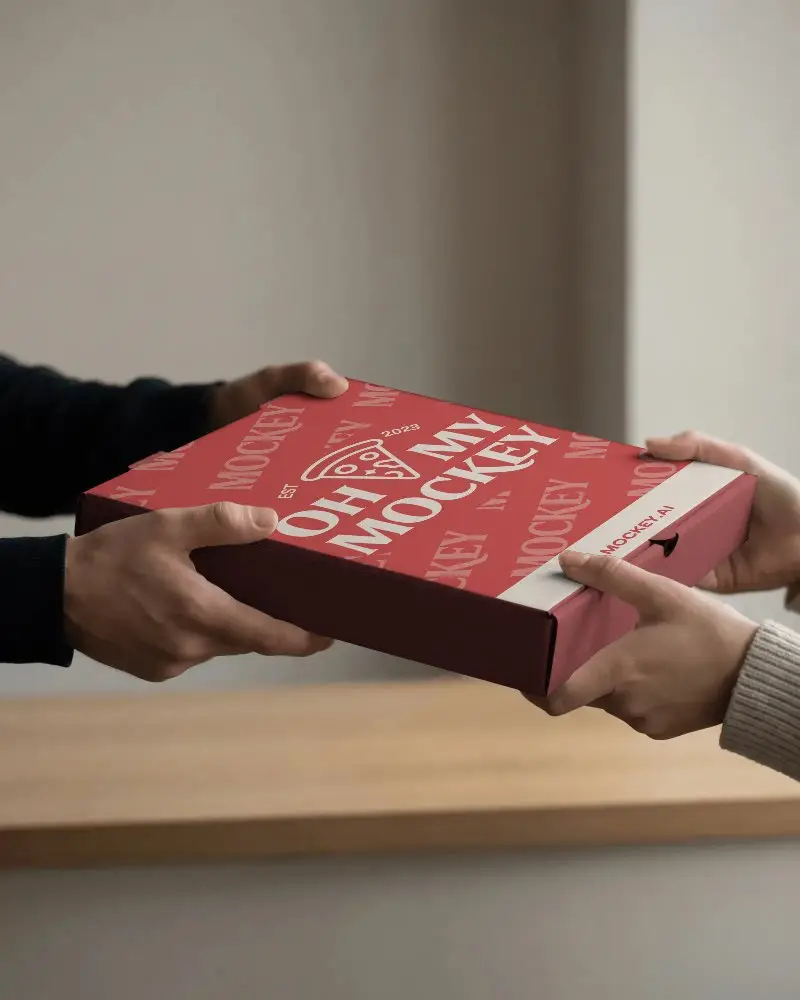 Sleek Pizza Box Mockup Gift Delivery Service Hands Exchange Elegant Minimal Design