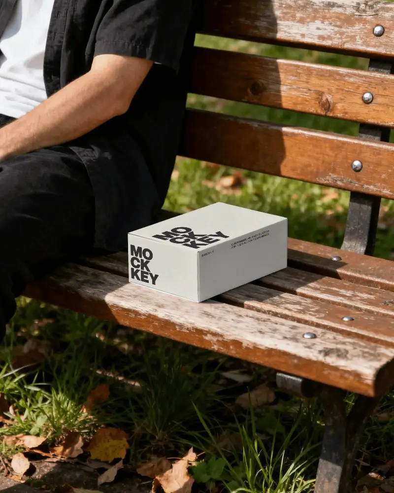 Realistic Overhead View Of Box Mockup On Park Bench With Natural Background Elements