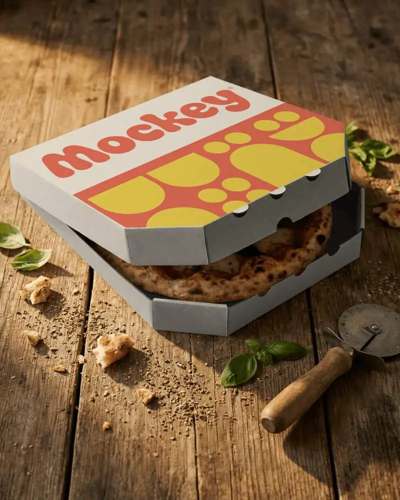 Square Pizza Box Mockup On Wooden Surface With Open Lid And Visible Pizza