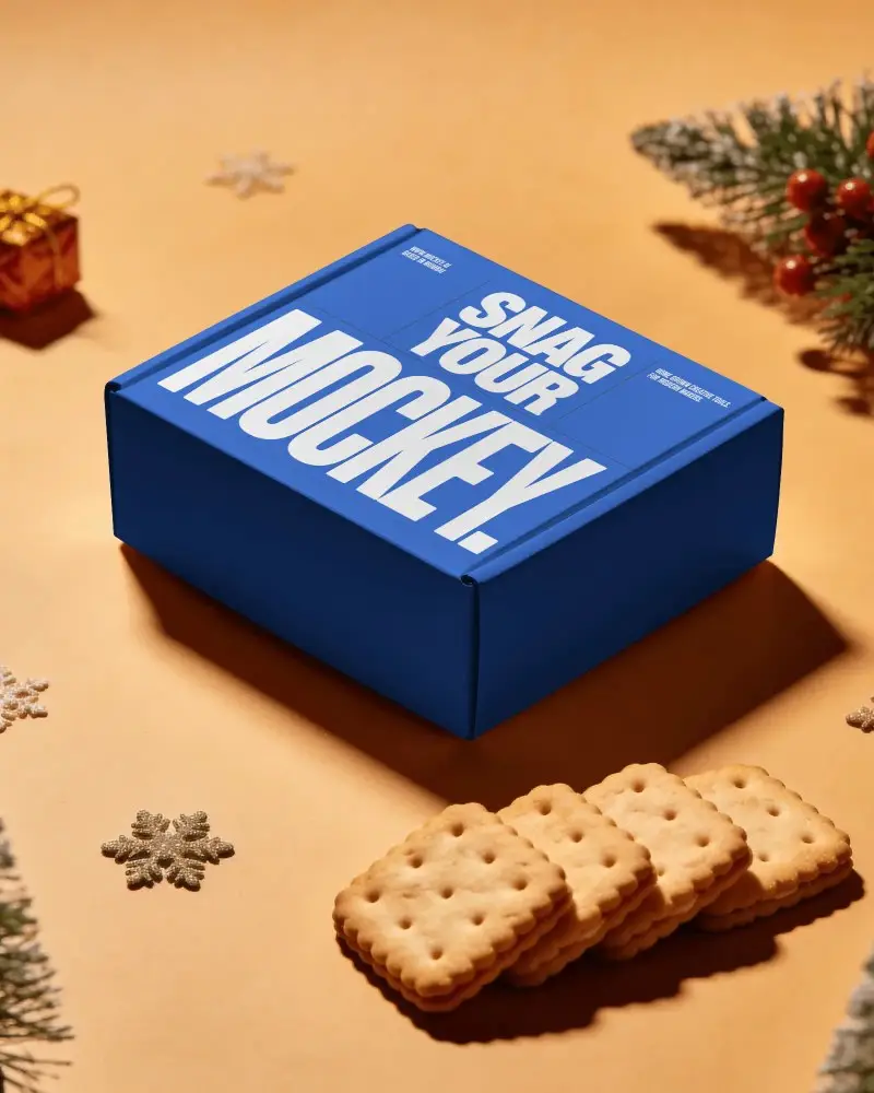 Tabletop Gift Box Mockup Packaging For Biscuits And Holiday Seasonal Decorative Setup