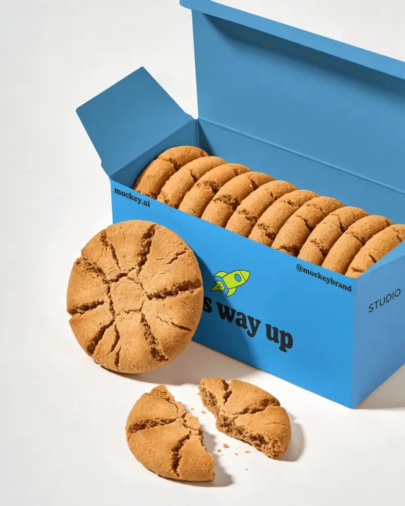 Fresh Baked Cookies Arranged In Minimalist Box Mockup With Cracked Cookie On White Background