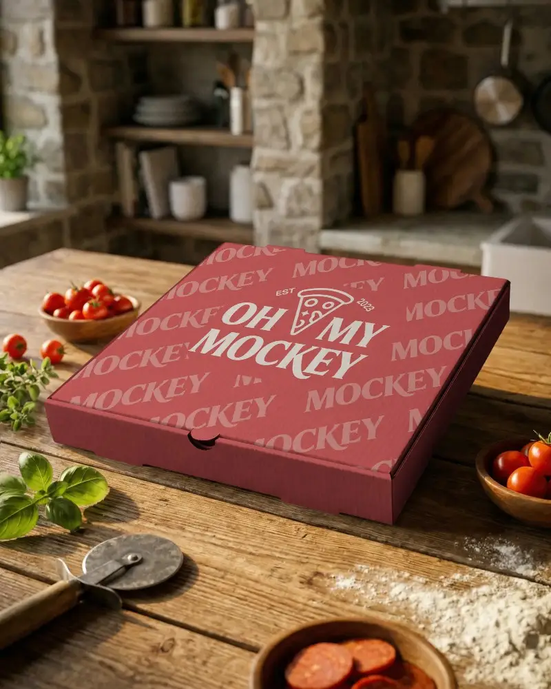 Eco Friendly Pizza Box Mockup On Wooden Table Restaurant Packaging Design Template