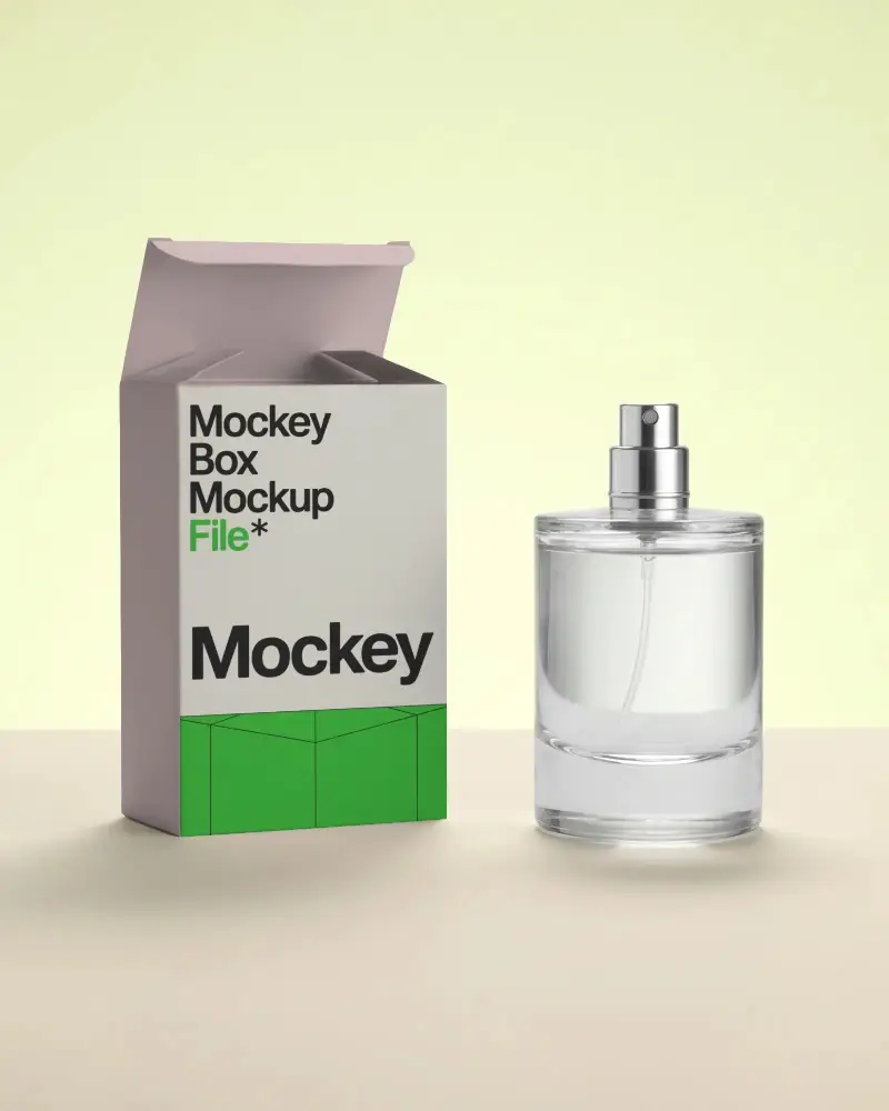 Sleek Rectangular Product Box Mockup With Clear Glass Spray Bottle On Minimalist Background