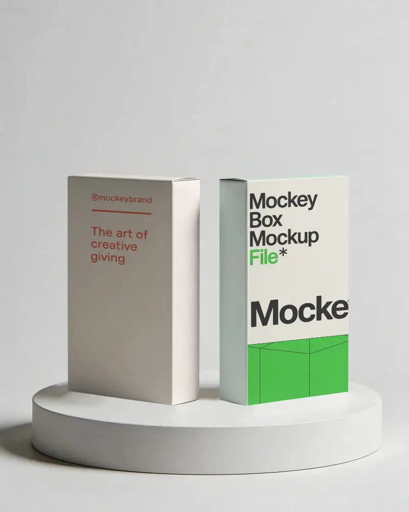 Minimalist Vertical Packaging Box Mockup Display On Round Pedestal For Product Presentation Ideas
