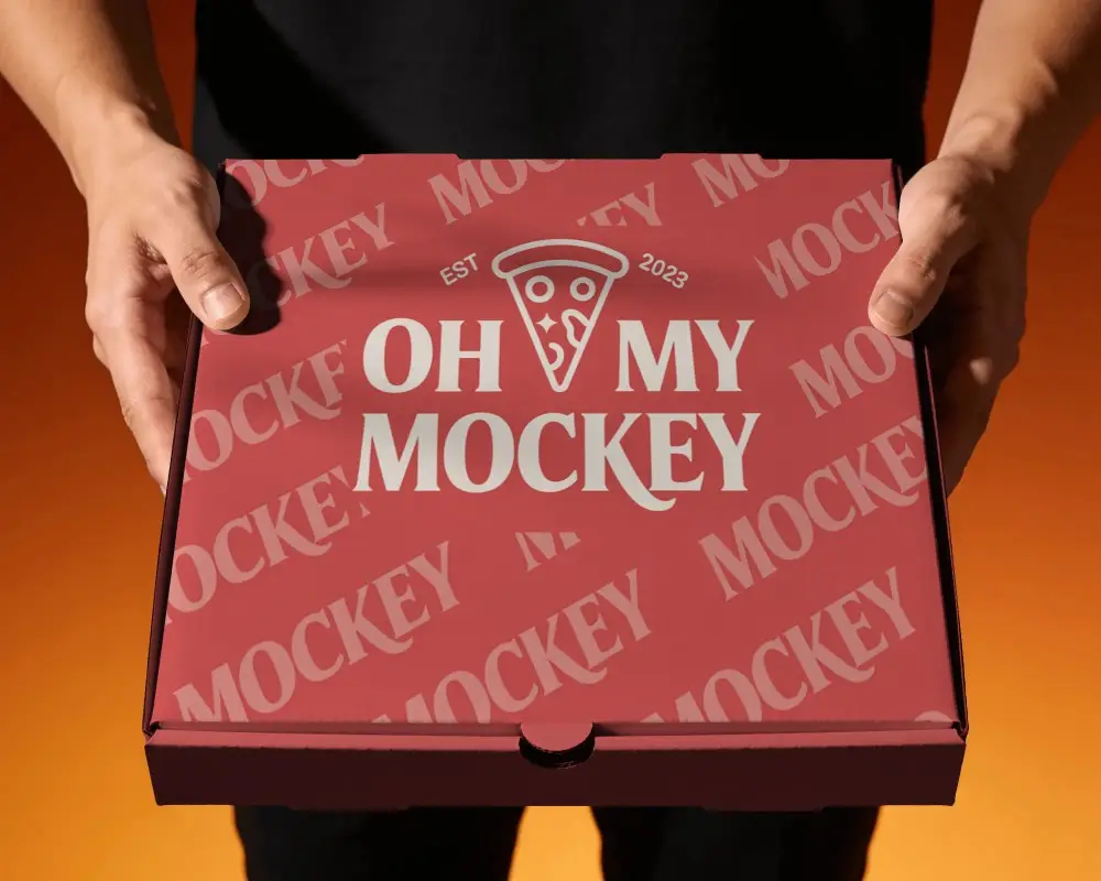 Person Presenting Pizaa Box Mockup Corrugated Cardboard Packaging Flat Lid