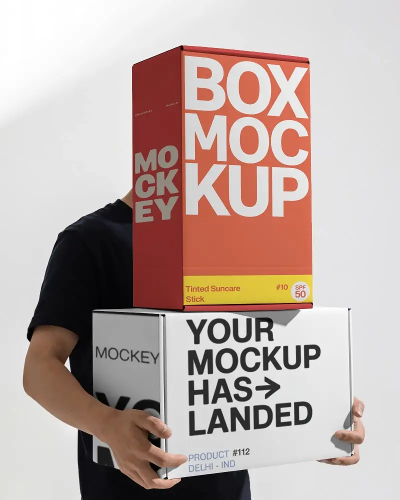 Person Holding Stacked Large And Medium Shipping Packaging Boxes Mockup For Delivery Service