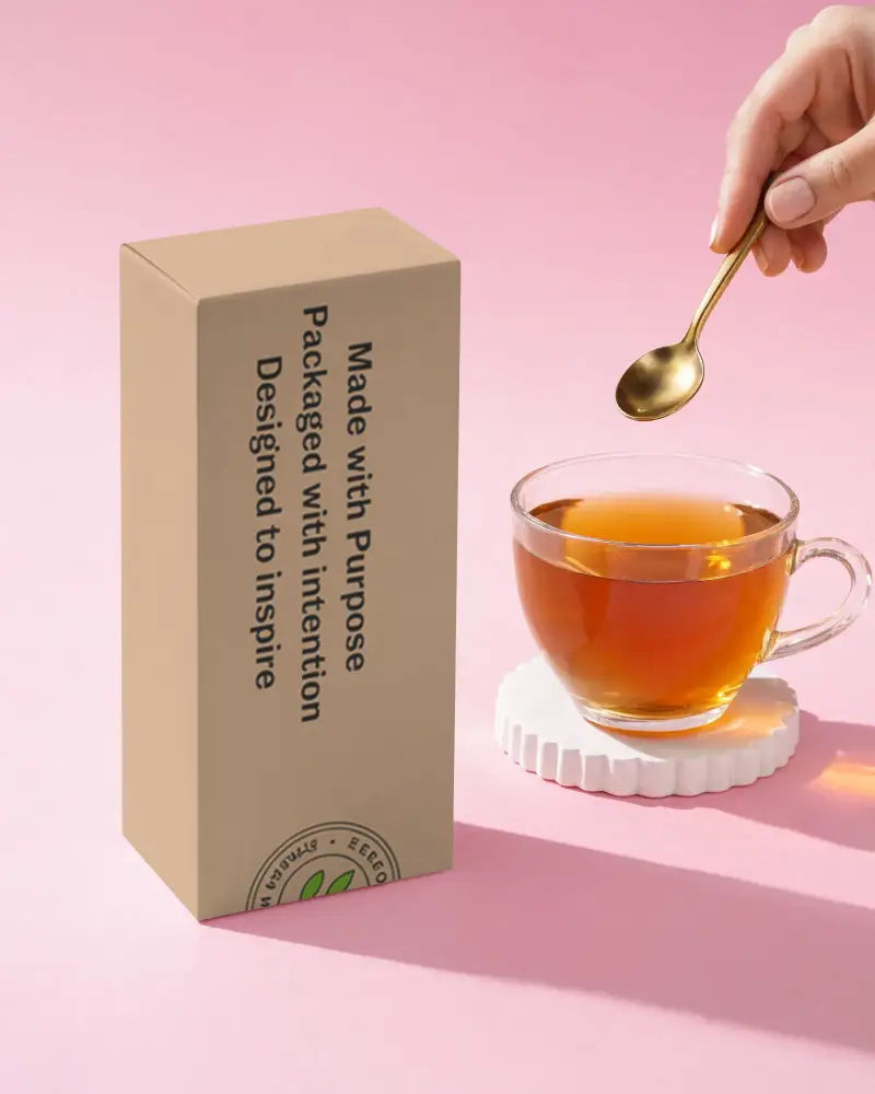 Minimal Tea Box Mockup With Clear Cup And Hand Holding Spoon On Pastel Pink Studio Layout