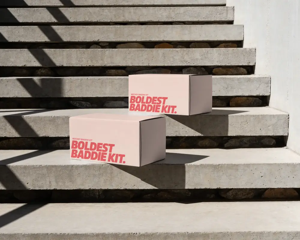 Premium Branding Product Box Mockups Display On Textured Concrete Steps Frame