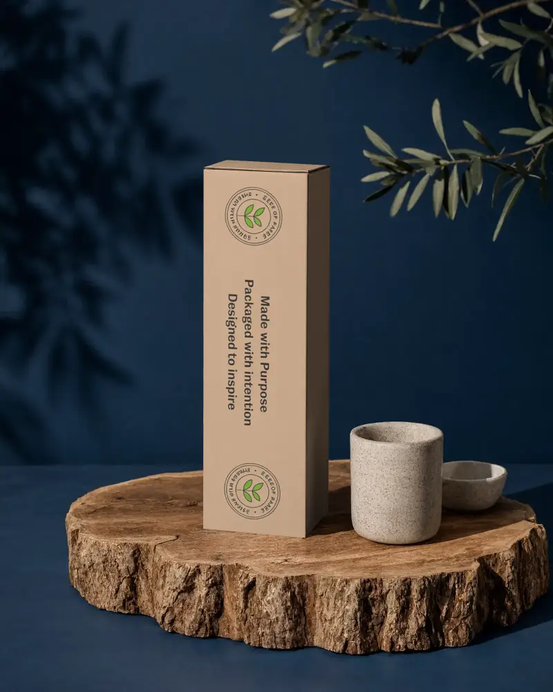 Minimalist Tall Rectangular Box Mockup On Natural Wood Slab With Ceramic Cups For Branding