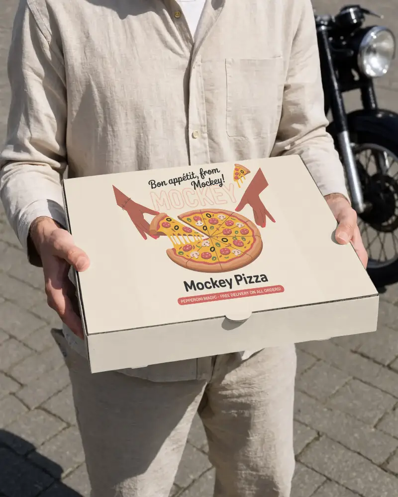 Delivery Box Mockup For Pizza Food Packaging With Blue Jeans Background