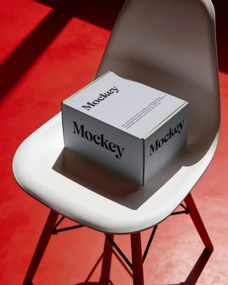 Sturdy Closed Product Box Mockup On Chair For Brand Packaging Presentation And Design