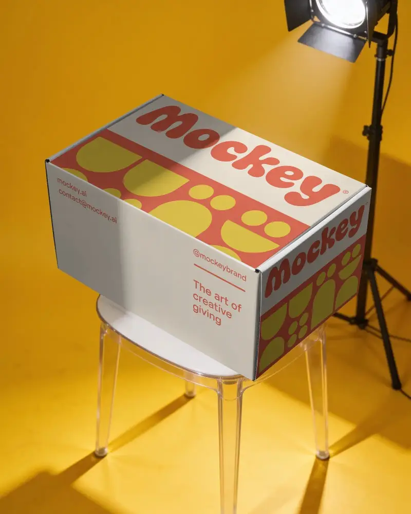 High Quality Product Packaging Box Mockup On Transparent Chair With Studio Lighting