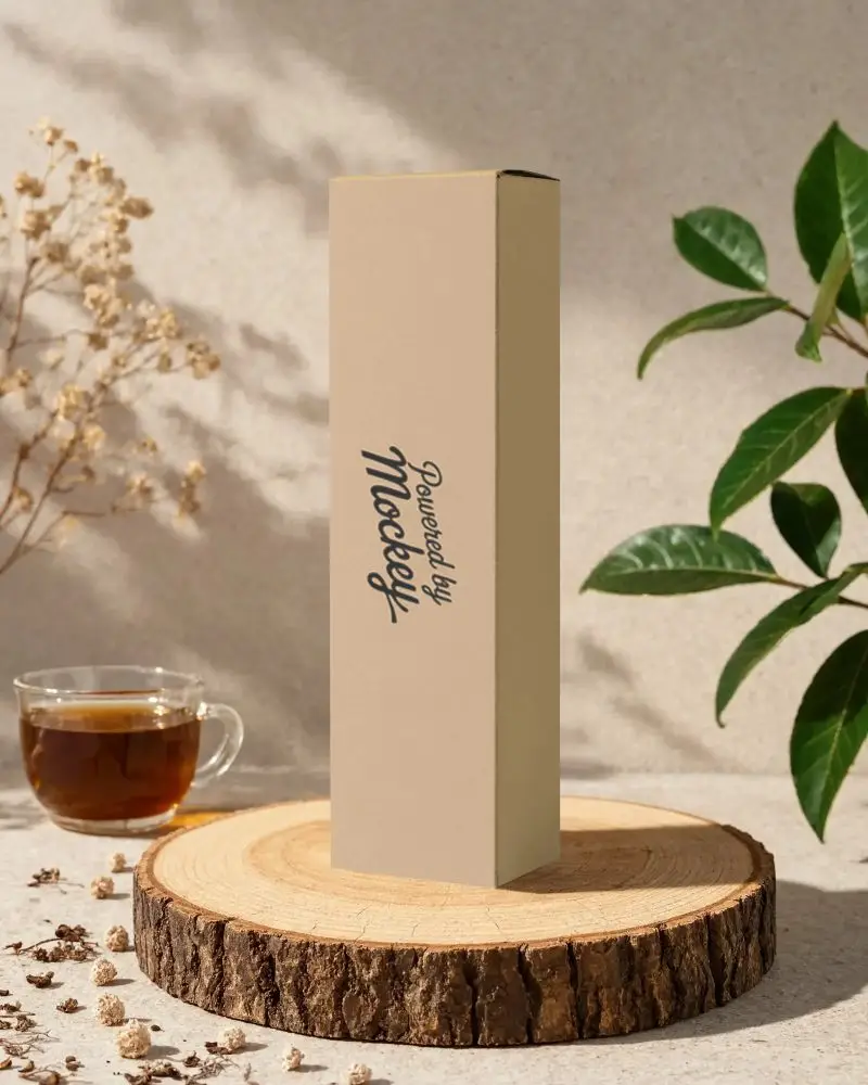 Tall Rectangle Product Packaging Box Mockup On Wooden Slice Natural Background Stylish Display