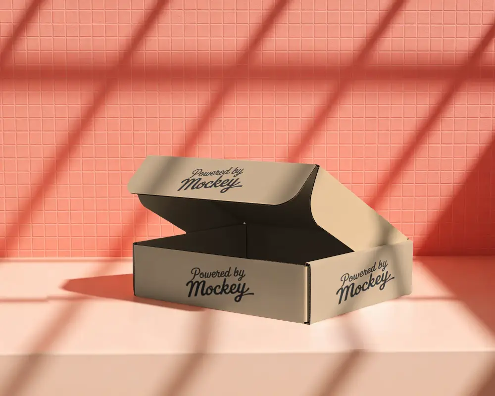 Empty Open Box Mockup On Clean Table With Creative Shadow And Tiled Wall Background