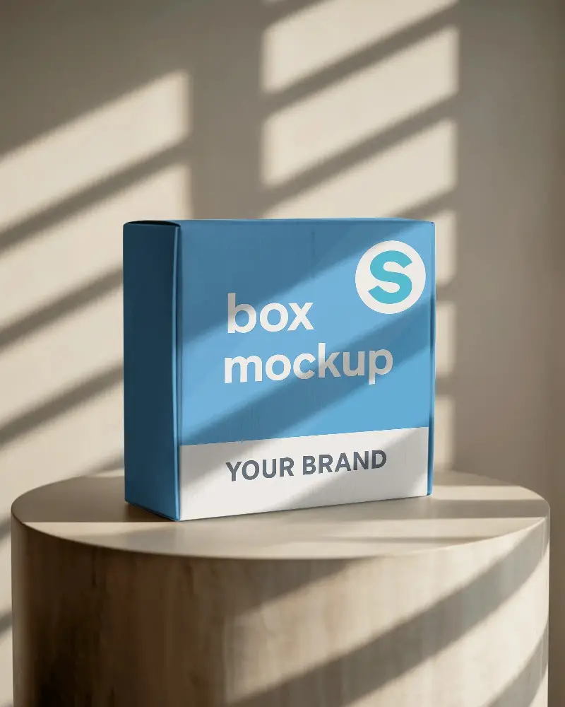 Mailer Box Mockup On Wooden Podium With Window Shadow Lines Soft Warm Lighting Effect