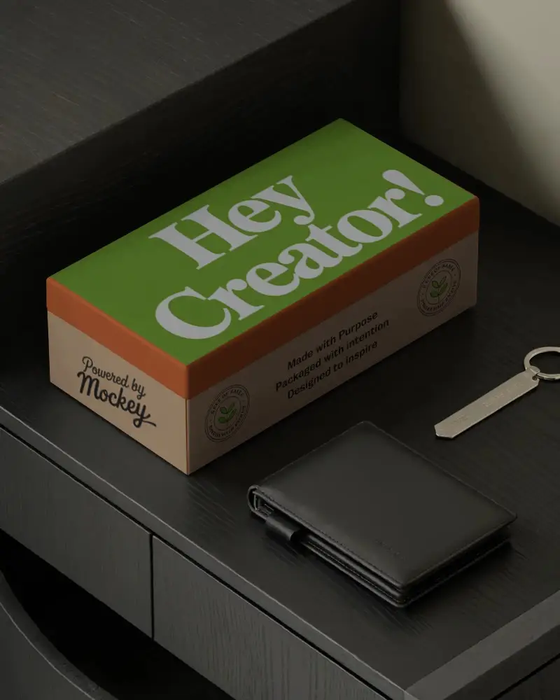 Sleek Modern Rectangular Box Mockup On Dark Wooden Surface For Branding Presentation