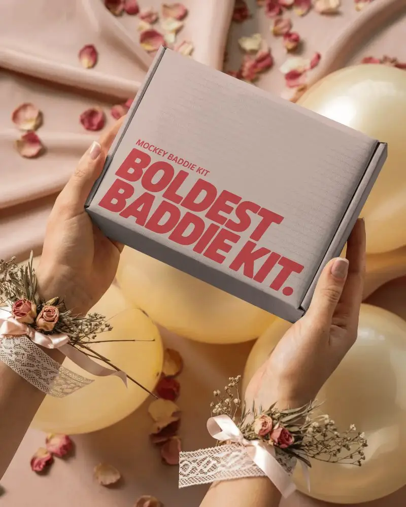 Elegant Box Mockup With Floral Accessories And Soft Balloon Background For Branding