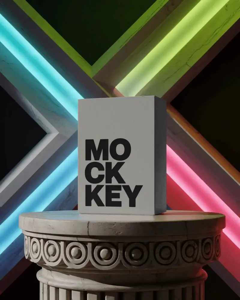 Modern Minimalist Box Mockup On Elegant Column With Neon Backlit Abstract Wall Design