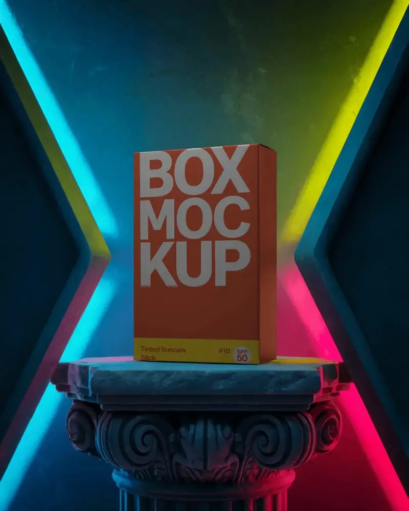 Modern Elegant Packaging Box Mockup On Ornate Pedestal With Vibrant Background Lighting