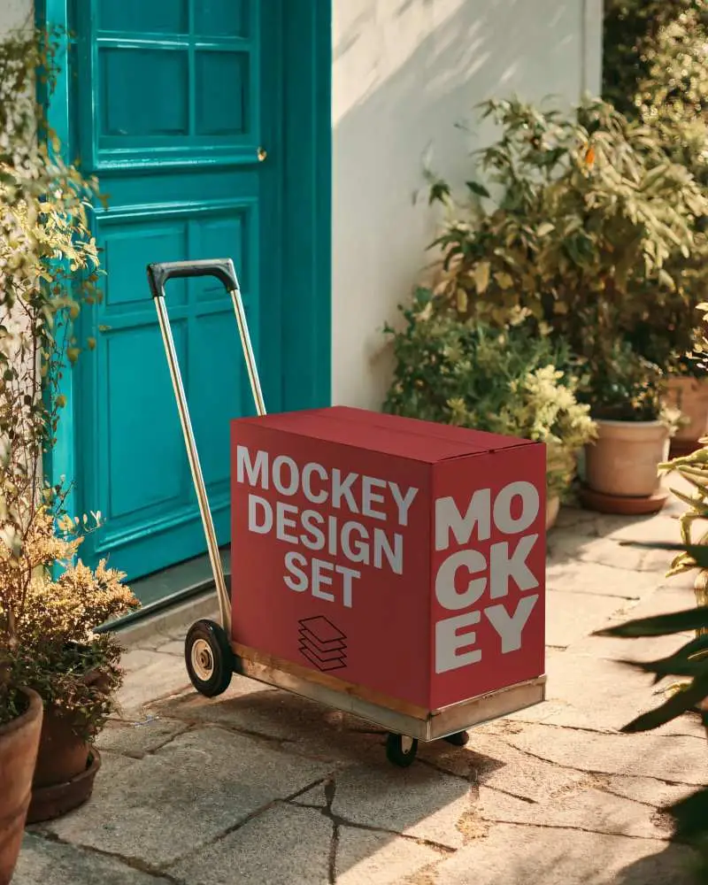 Packaging Box Mockup With Rolling Cart For Efficient Transportation And Retail Showcase